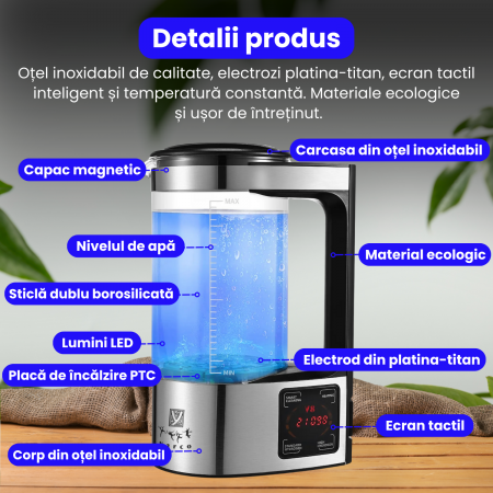 Carafă YARCO 2L pentru apă hidrogenată – Tehnologie PEM și afișaj digital [7]