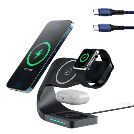 Tech - Incarcator magnetic wireless YARCO®, 4 in 1, 15W, Senzor Standby, Compatibil Iphone MAGSAFE Android, Doar iWatch 2-8, Airpods 2/3/Pro, Pozitie reglabila, Negru + Cablu Fast C la C 60W
