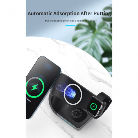 Incarcator magnetic wireless YARCO®, 4 in 1, 15W, Senzor Standby, Compatibil Iphone MAGSAFE Android, Doar iWatch 2-8, Airpods 2/3/Pro, Pozitie reglabila, Negru + Cablu Fast C la C 60W [5]