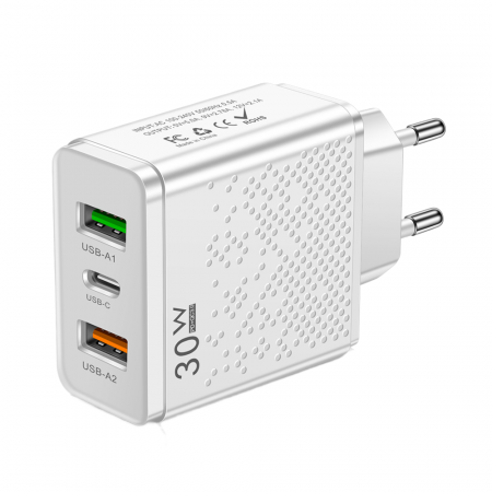 Incarcator Retea YARCO®, Rapid 5V/5A, 3 Porturi, 30W Fast Charge, 1 x USB C, 2 x USB A, LED, Compatibil Statii incarcare, Alb
