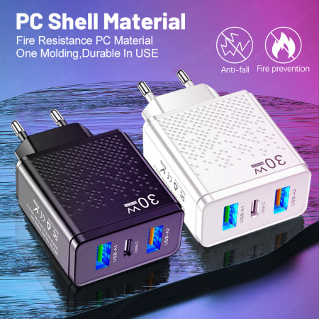 Incarcator Retea YARCO®, Rapid 5V/5A, 3 Porturi, 30W Fast Charge, 1 x USB C, 2 x USB A, LED, Compatibil Statii incarcare, Alb [2]