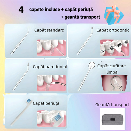 Irigator oral YARCO®, dus bucal, Presiune reglabila (DIY) 30-140psi, Jet precis 1800 pulsatii/min, Baterie durabila, incarcare rapida USB, Rezervor 300ml detasabil, Rotatie maxima capete, Waterproof I [2]