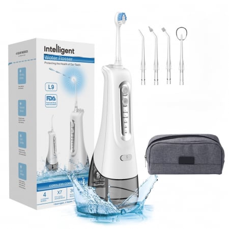 Ingrijire personala - Irigator oral YARCO®, dus bucal, Presiune reglabila (DIY) 30-140psi, Jet precis 1800 pulsatii/min, Baterie durabila, incarcare rapida USB, Rezervor 300ml detasabil, Rotatie maxima capete, Waterproof I