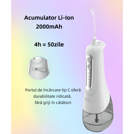 Irigator oral YARCO®, dus bucal, Presiune reglabila (DIY) 30-140psi, Jet precis 1800 pulsatii/min, Baterie durabila, incarcare rapida USB, Rezervor 300ml detasabil, Rotatie maxima capete, Waterproof I [7]