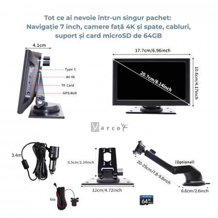 Navigație Auto YARCO 7” CarPlay & Android Auto – 2 Camere 4K/1080, G-Sensor, Light Sense [6]