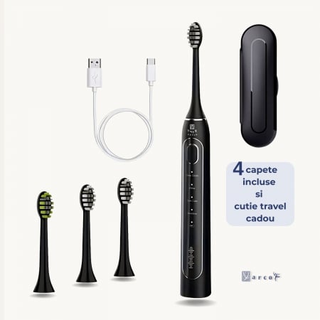 Ingrijire personala - Periuță electrică sonică YARCO Premium, 42.000 vibrații/min, 4 programe, 4 intensități, baterie 2000mAh, încărcare USB-C, 4 capete DuPont + cutie travel cadou