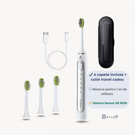 Ingrijire personala - Periuță electrică sonică YARCO Premium albă, 42.000 vibrații/min, 4 programe, 4 intensități, 2000mAh, USB-C, 4 capete DuPont, cutie travel cadou