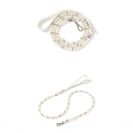 Set 2 piese Zgarda si lesa YARCO® pentru caini si pisici din perle albe si strasuri, Eleganta si Durabila, fire de otel, animale companie, Marimea S, Alb [4]