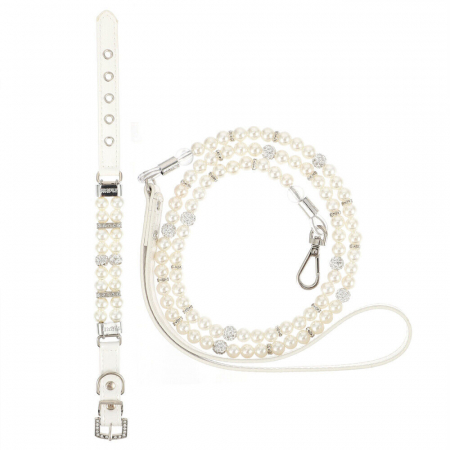 Animale companie - Set 2 piese Zgarda si lesa YARCO® pentru caini si pisici din perle albe si strasuri, Eleganta si Durabila, fire de otel, animale companie, Marimea S, Alb