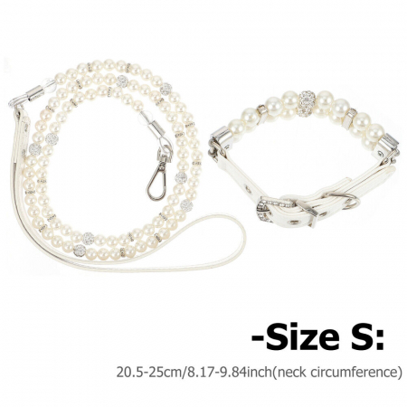 Set 2 piese Zgarda si lesa YARCO® pentru caini si pisici din perle albe si strasuri, Eleganta si Durabila, fire de otel, animale companie, Marimea S, Alb [7]