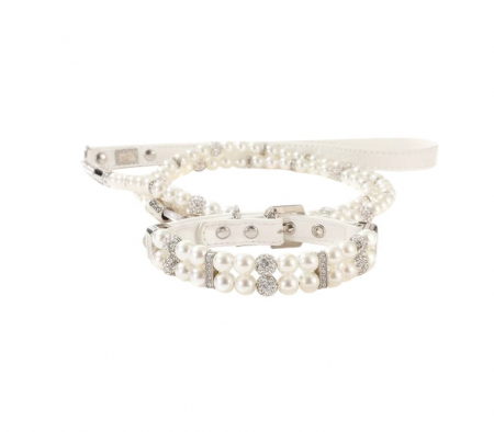 Animale companie - Set 2 piese Zgarda si Lesa YARCO® pentru caini si pisici din perle albe si strasuri, Elegant si Durabil (fire de otel), Accesorii cu stil pentru animale de companie, Marimea M, Alb