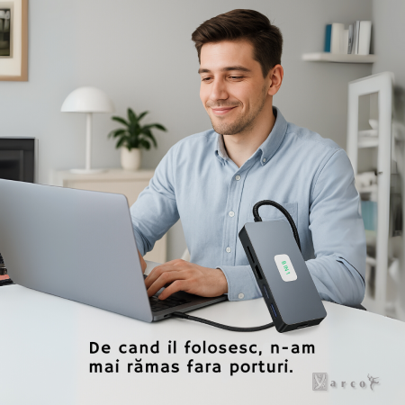 YARCO Hub 8 în 1 USB-C Premium – Aluminiu, Chip Synopsys, 2 x HDMI 4K @ 60Hz, DP 4K @ 60Hz, 3 x USB 3.0, PD 100W, RJ45 Gigabit, Cablu Textil [5]