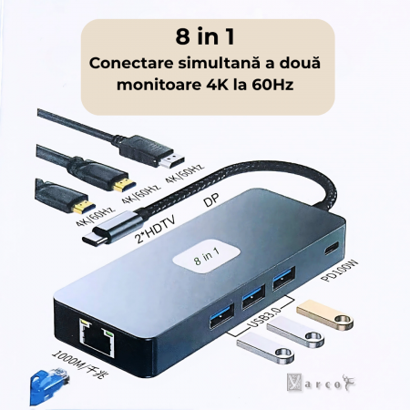 YARCO Hub 8 în 1 USB-C Premium – Aluminiu, Chip Synopsys, 2 x HDMI 4K @ 60Hz, DP 4K @ 60Hz, 3 x USB 3.0, PD 100W, RJ45 Gigabit, Cablu Textil [2]