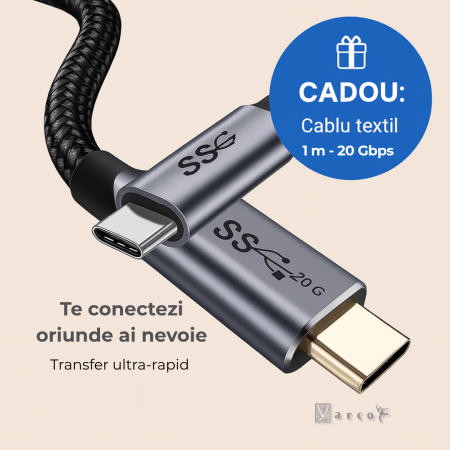 YARCO Hub 8 în 1 USB-C Premium – Aluminiu, Chip Synopsys, 2 x HDMI 4K @ 60Hz, DP 4K @ 60Hz, 3 x USB 3.0, PD 100W, RJ45 Gigabit, Cablu Textil [4]