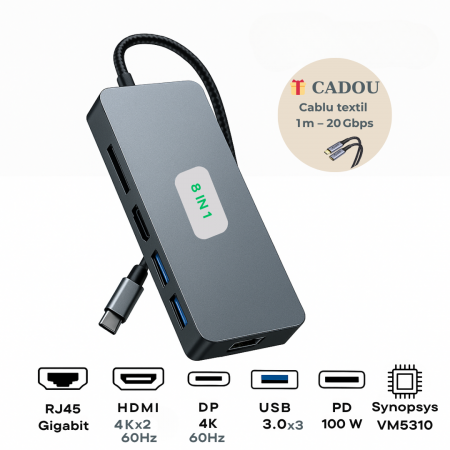 Tech - YARCO Hub 8 în 1 USB-C Premium – Aluminiu, Chip Synopsys, 2 x HDMI 4K @ 60Hz, DP 4K @ 60Hz, 3 x USB 3.0, PD 100W, RJ45 Gigabit, Cablu Textil