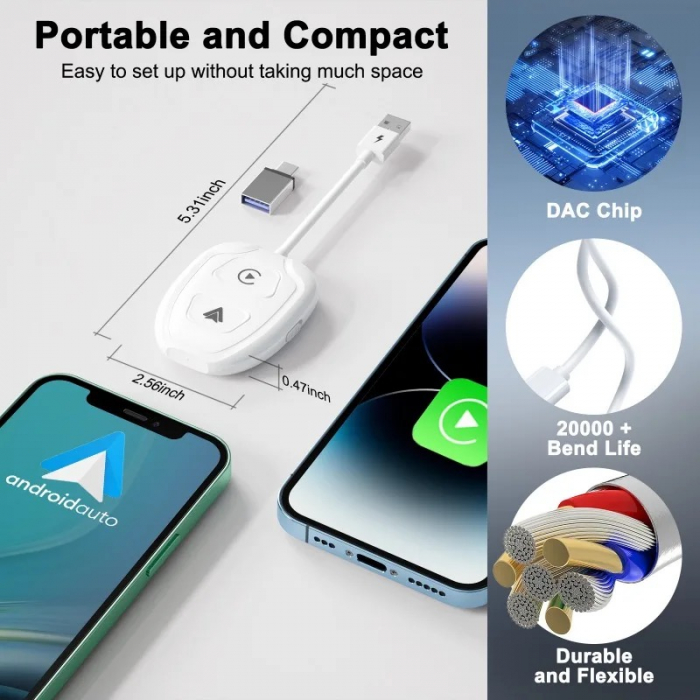 Modul wireless Android Auto  IOS Carplay  2 în 1 compatibil cu Android și Apple, Plug and Play  pentru mașinile care au Carplay și Android auto prin cablu din fabrică USB, USB-C, 5V, Alb lucios [5]