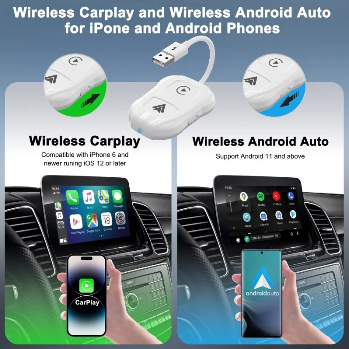 Modul wireless Android Auto  IOS Carplay  2 în 1 compatibil cu Android și Apple, Plug and Play  pentru mașinile care au Carplay și Android auto prin cablu din fabrică USB, USB-C, 5V, Alb lucios [2]