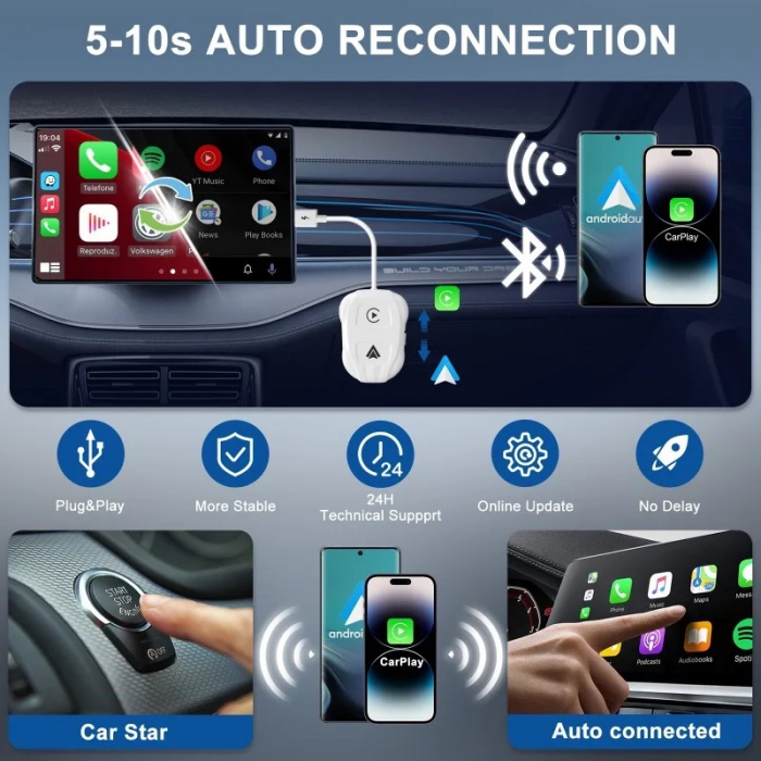 Modul wireless Android Auto  IOS Carplay  2 în 1 compatibil cu Android și Apple, Plug and Play  pentru mașinile care au Carplay și Android auto prin cablu din fabrică USB, USB-C, 5V, Alb lucios [4]