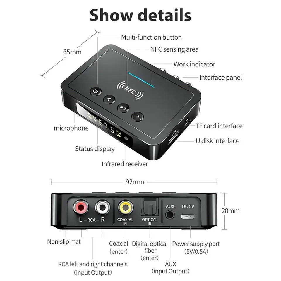 Adaptor Bluetooth 5.0 NFC multifuncțional cu microfon, transmisie FM și convertor audio optic – model M6 [8]