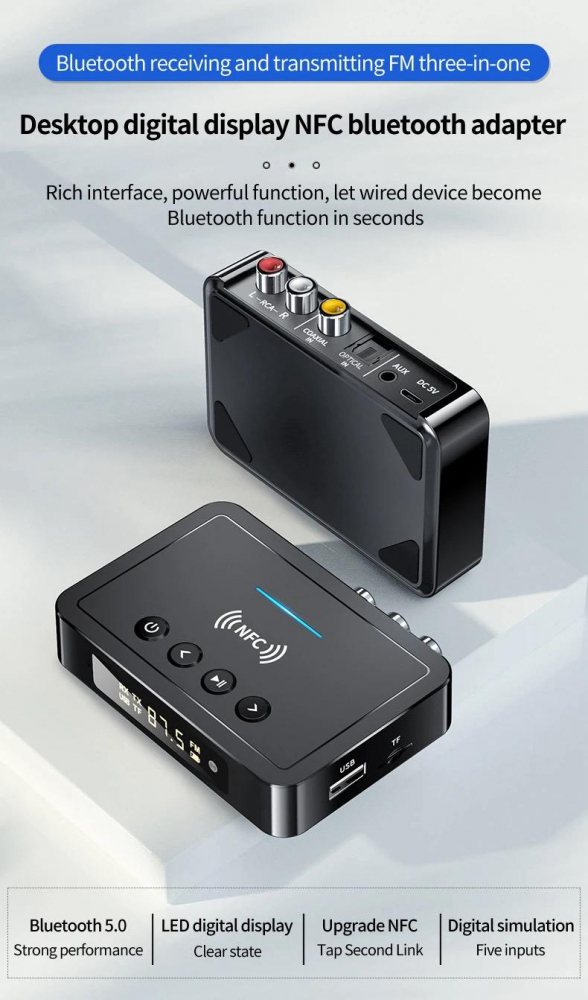 Adaptor Bluetooth 5.0 NFC multifuncțional cu microfon, transmisie FM și convertor audio optic – model M6 [9]