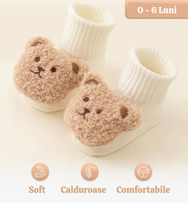 Sosete pentru copii, antiderapante, model cu ursulet de plus, culoare alba, marime 0 - 1 ani, anti-alunecare [5]