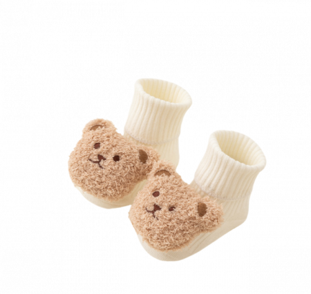 Sosete Copii - Sosete pentru copii, antiderapante, model cu ursulet de plus, culoare alba, marime 0 - 1 ani, anti-alunecare