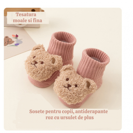 Sosete pentru copii, antiderapante, model cu ursulet de plus, culoare roz pudra, marime 0 - 1 ani, anti-alunecare [4]