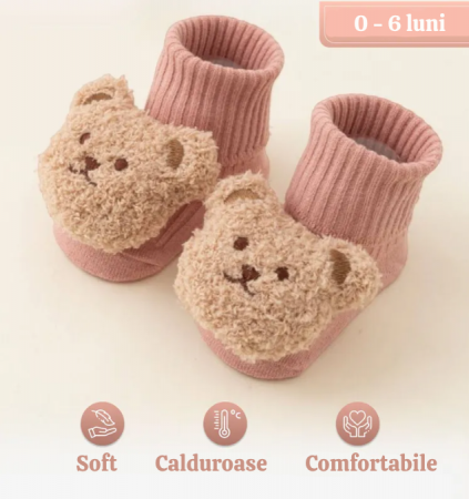 Sosete pentru copii, antiderapante, model cu ursulet de plus, culoare roz pudra, marime 0 - 1 ani, anti-alunecare [5]