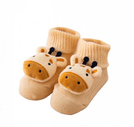 Sosete Copii - Sosete pentru copii, antiderapante, model cu vacuta, culoare bej, marime 1 - 2 ani, anti-alunecare