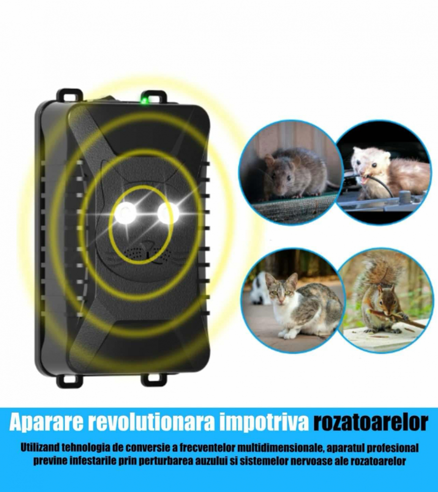 Aparat Profesional Repelent cu Ultrasunete ALG™ 2 in 1 pentru auto si casa cu lumini intermitente, anti rozatoare, anti sobolani, anti insecte, frecventa 18kHz-36kHz, acoperire extinsa 360°, Negru Mat [2]
