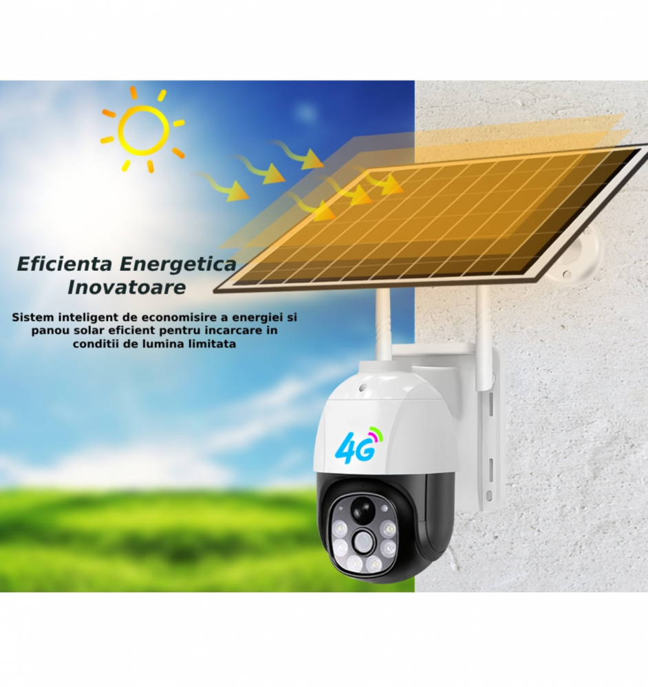Camera De Supraveghere ALG™ Cu Incarcare Solara, 4G SIM, 5MP, FullHD, 365 Zile UPTIME, Impermeabil, Lte Camera solara CCTV PTZ in aer liber 8760 de ore Inregistrare HD continua, Alba [2]