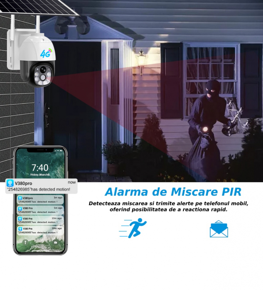 Camera De Supraveghere ALG™ Cu Incarcare Solara, 4G SIM, 5MP, FullHD, 365 Zile UPTIME, Impermeabil, Lte Camera solara CCTV PTZ in aer liber 8760 de ore Inregistrare HD continua, Alba [9]