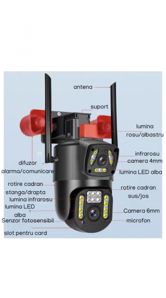 Camera de supraveghere video dubla profesionala, ST DUAL Pro, 6MP, Exterior/Interior, ULTRA HD 2K, zoom, Rotire 355 grade, Leduri lumina rosu/albastru, Functie WiFi, Comunicare Bidirectionala, Senzor  [6]
