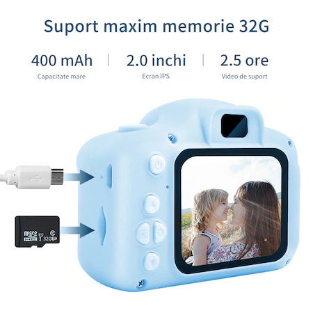 Camera foto digitala pentru copii, + card 32 GB Cadou, Functie foto/video, Full HD, 1080P,  4h autonomie,3h incarcare completaAlbastru [2]