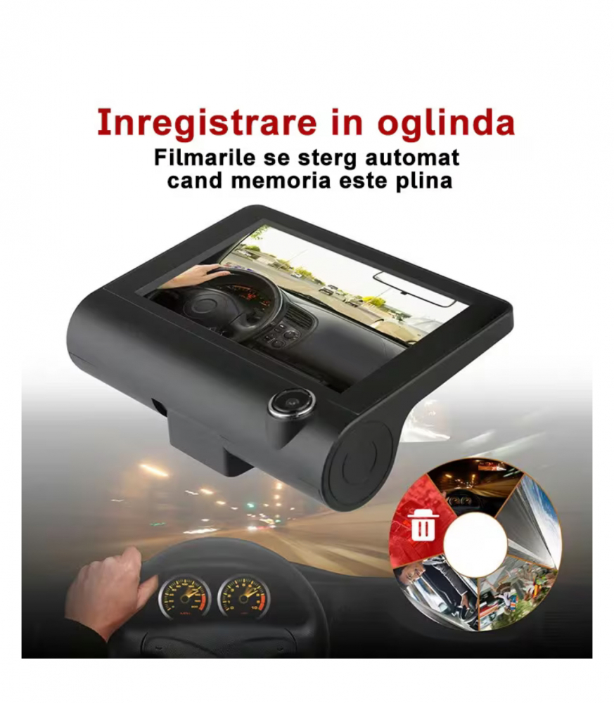 Camera Tripla Auto 3 in 1 +Camera Mansalier CADOU, Full HD 1080p, 3 Camere – Fata/Spate/Interior Neagra [2]
