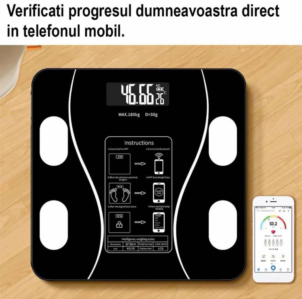 Cantar Electronic Inteligent Cu Aplicatie Smart, Corporal, Ecran Digital Iluminat, Termometru, Suporta Maxim 180 Kg, Baterii, Negru [13]