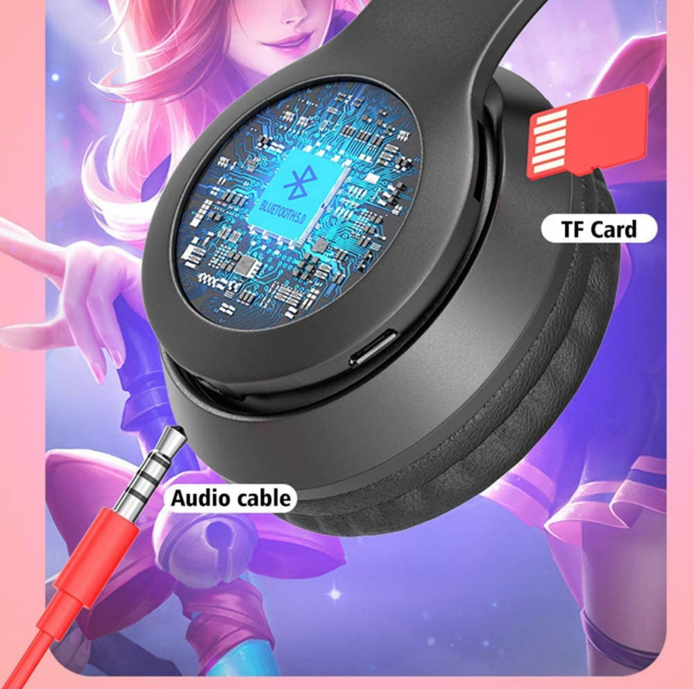 Casti Wireless pentru Copii, ALG™, Bluetooth 5.0, Microfon, Card TF, Model urechi de pisica, Iluminare LED [5]
