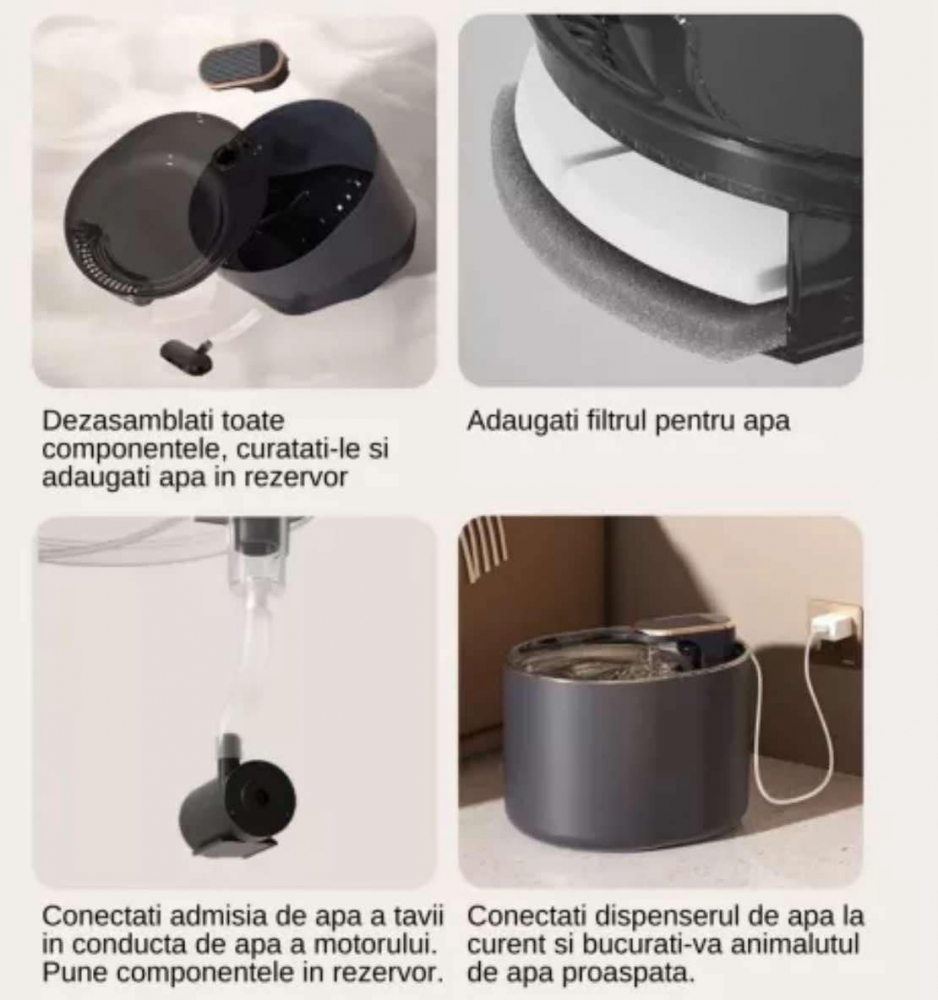 Dispenser apa automat tip fantana, pentru pisici si caini, cu purificare si filtrare prin carbune activ, silentios, led luminos, 3L, adaptor priza, Negru [5]