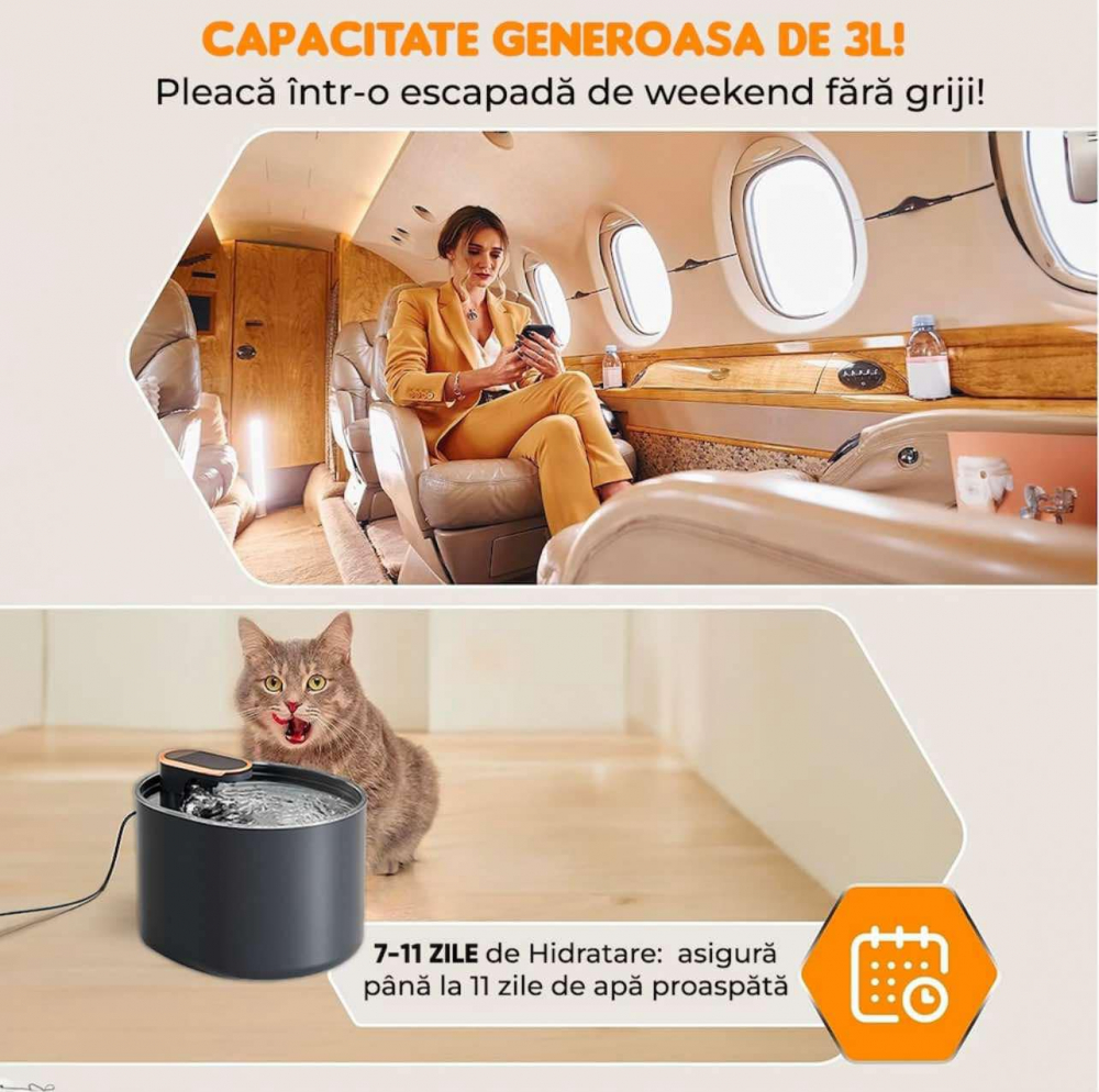 Dispenser apa automat tip fantana, pentru pisici si caini, cu purificare si filtrare prin carbune activ, silentios, led luminos, 3L, adaptor priza, Negru [7]