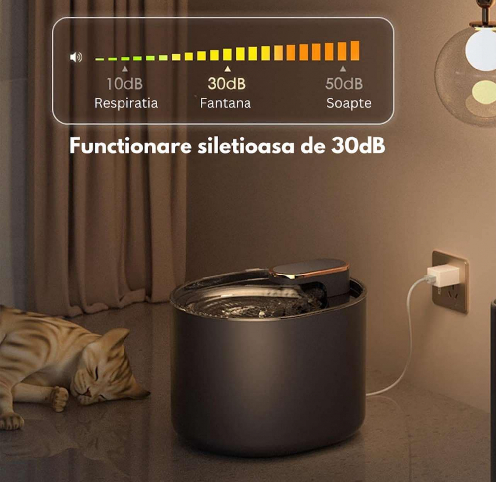 Dispenser apa automat tip fantana, pentru pisici si caini, cu purificare si filtrare prin carbune activ, silentios, led luminos, 3L, adaptor priza, Negru [10]
