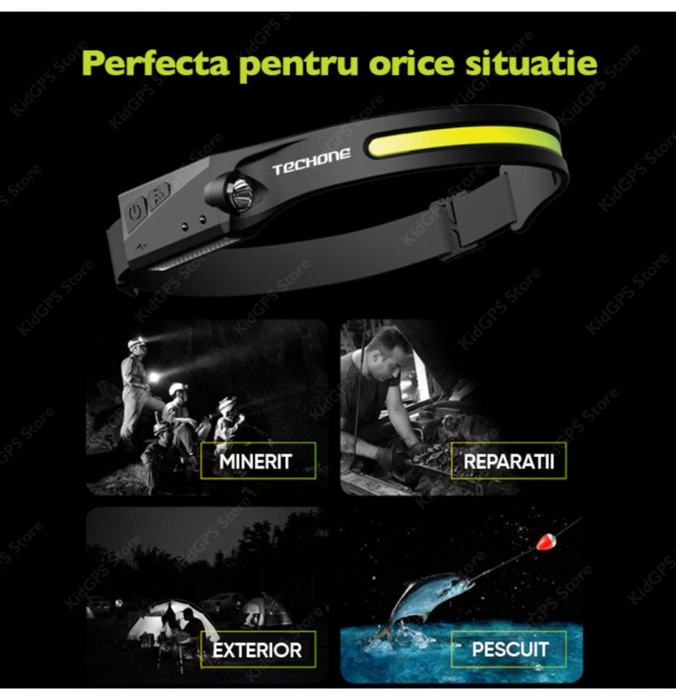 Lanterna de Cap LED, ALG™, Profesionala, Incarcare USB, Senzor Miscare, 4 Moduri Lumina, ABS / Silicon, IPX4, lumina laterala, Pentru Pescuit, Vanatoare, Munca, Negru [6]