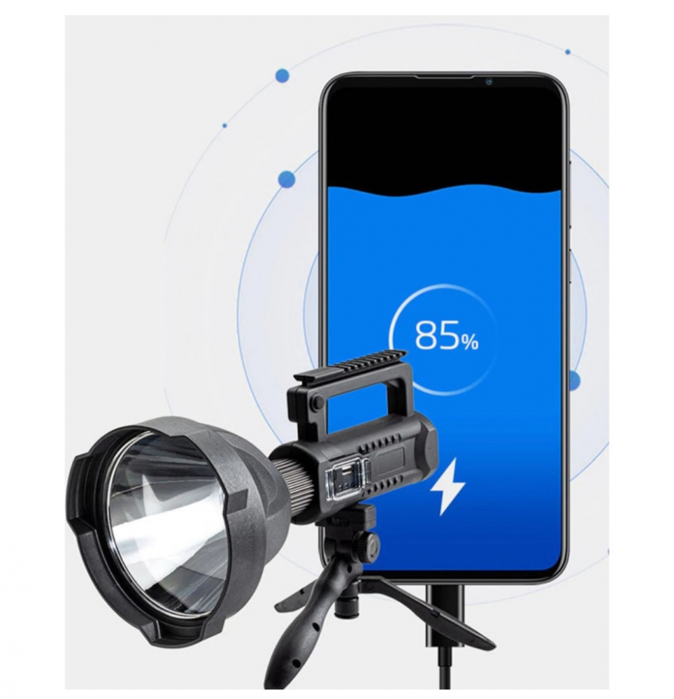 Lanterna Multifunctionala, ALG™Reincarcabila, Incarcare USB, LED, 4 Moduri De Iluminat, indicator baterie, 4800mAh, POWER BANK, Trepied, Negru [9]
