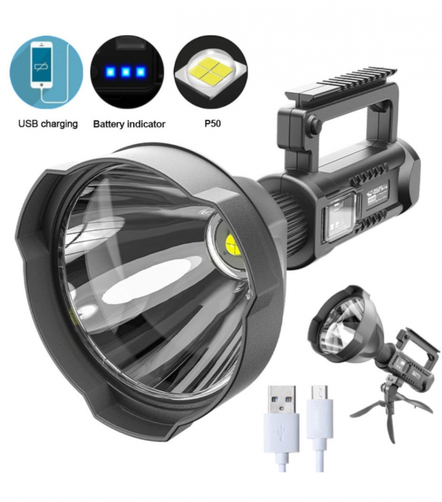 Lanterna Multifunctionala, ALG™Reincarcabila, Incarcare USB, LED, 4 Moduri De Iluminat, indicator baterie, 4800mAh, POWER BANK, Trepied, Negru [6]