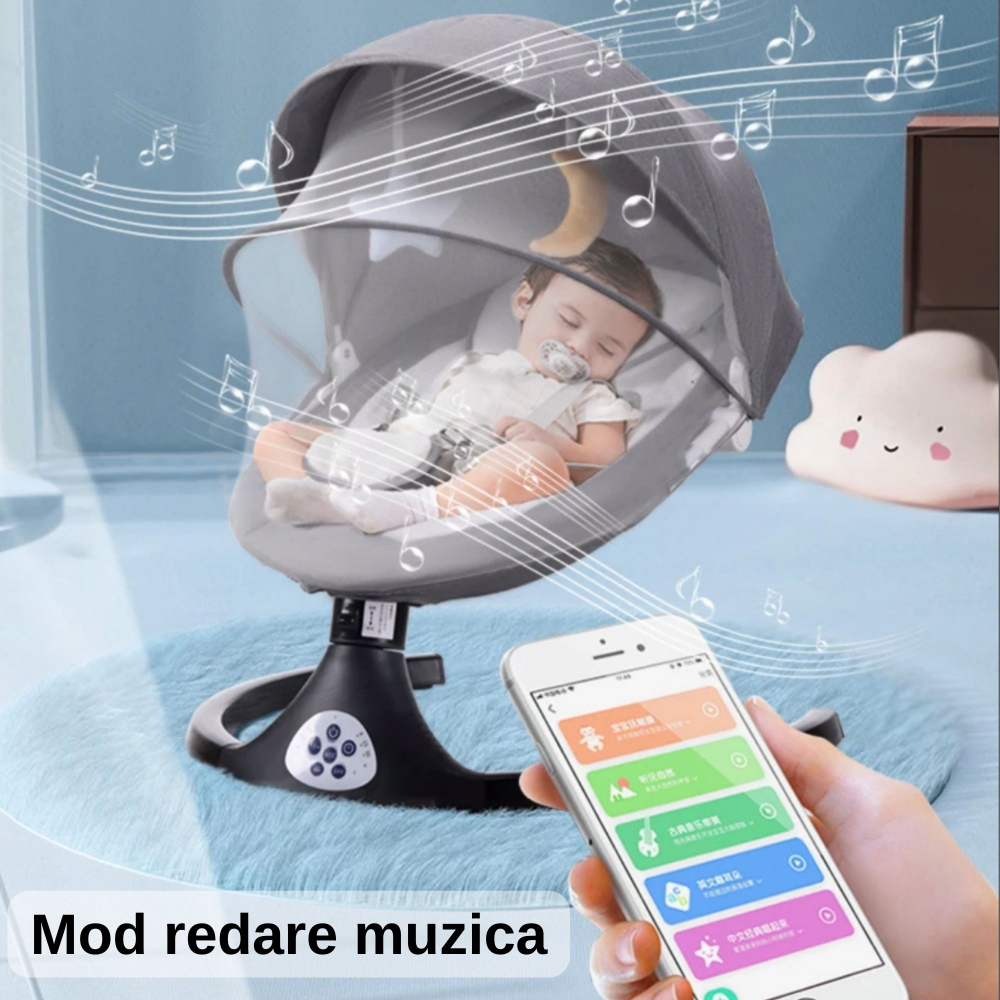 Leagăn Electric Bebeluși, Little Bird Balansoar pentru Bebe cu trepte de legănare, plasă protecție, conexiune Bluetooth, Telecomandă,USB, Jucării și Melodii ,Albastru [6]