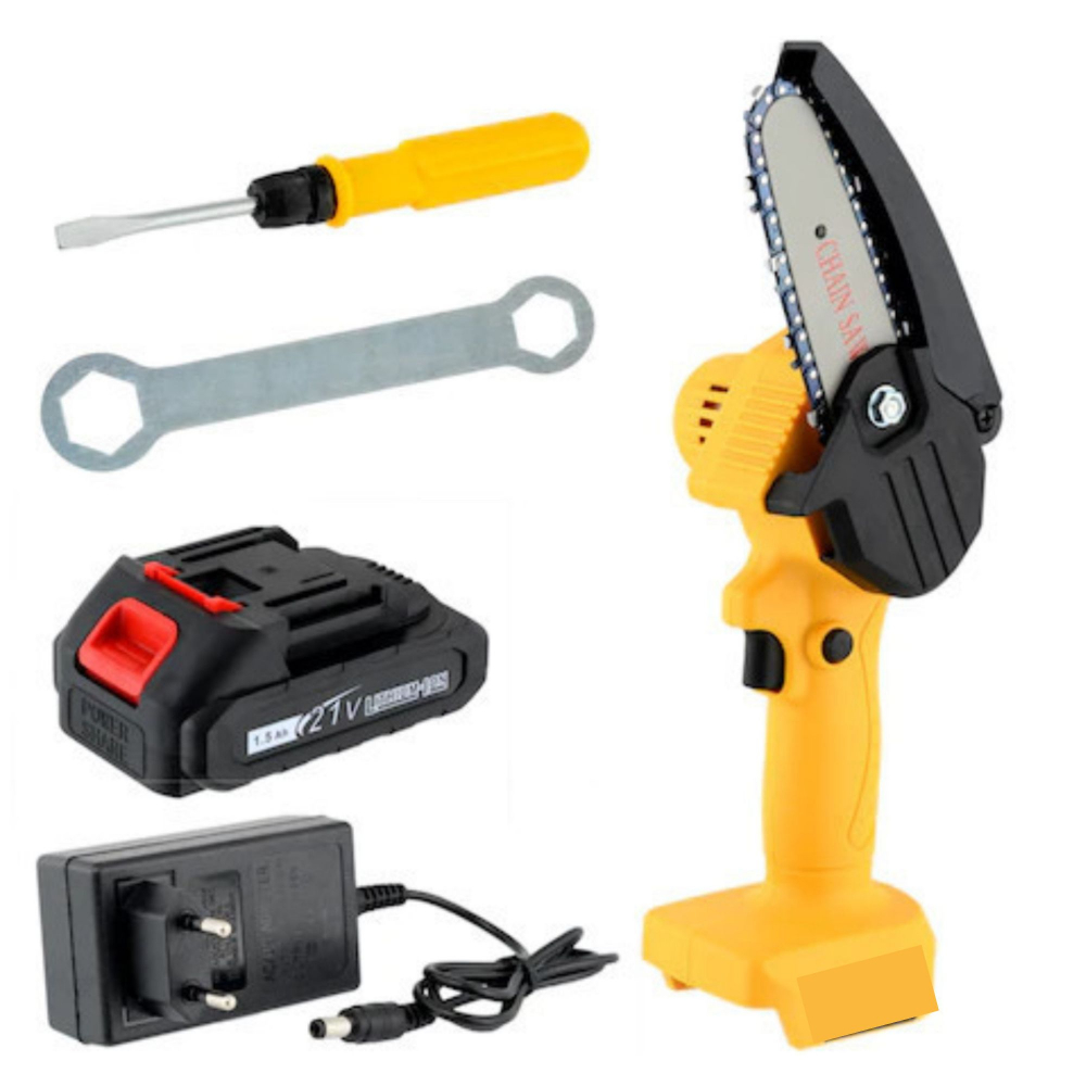 Mini Fierastrau cu Lant Electric Lama 10CM, Portabil/ Drujba, 1500mAh, Acumulator,Incarcator,Trusa Transport,Chei fixare, Galben/Negru [4]