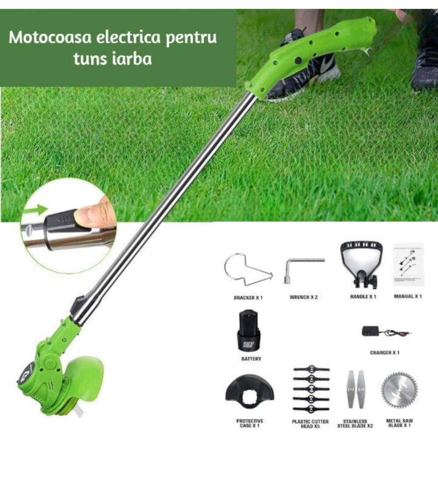 Motocoasa Electrica ALG™, pentru taiat iarba, extensibila, 2 Acumulatori, Accesorii incluse, maner reglabil protectie lama 800 W, 18 000 RPM, Verde [2]