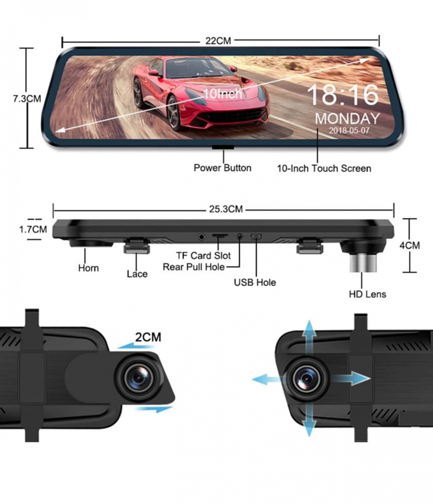 Oglinda Retrovizoare ALG™ cu Camera DVR, EcranTactil IPS 10", Full HD 1080P, Asistenta Parcare, G-Sensor, 6 Lentile HD de Sticla [19]