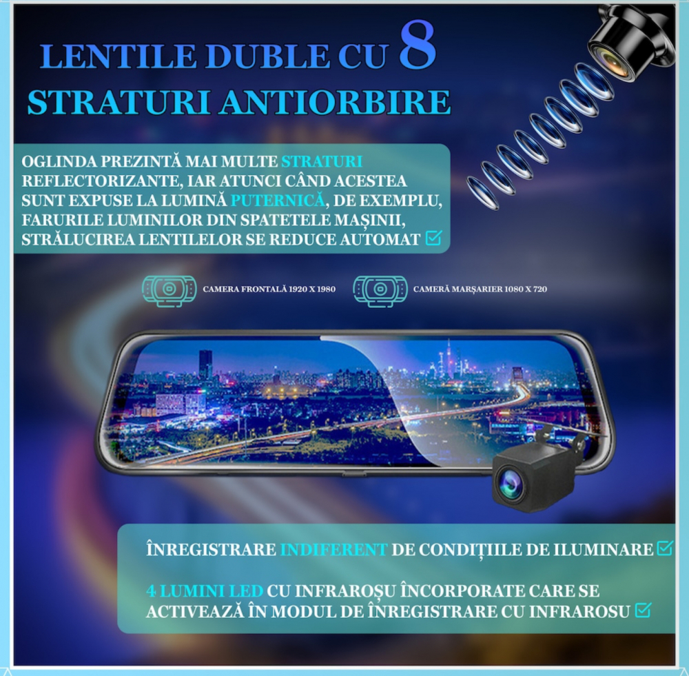 Oglinda Retrovizoare ALG™ cu Camera DVR, EcranTactil IPS 10", Full HD 1080P, Asistenta Parcare, G-Sensor, 6 Lentile HD de Sticla [9]