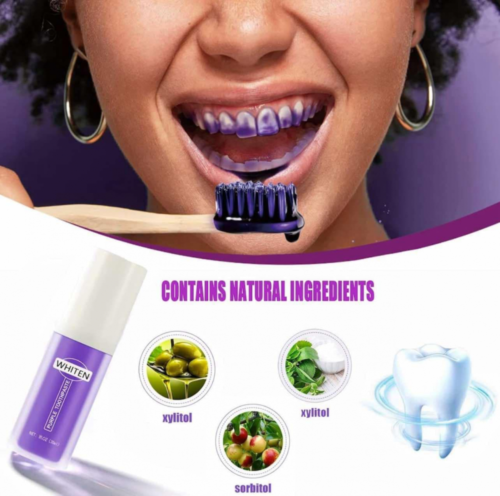 Pasta de dinți iBeaLee Purple, 35ml - Albire a dinților fără fluor, îndepărtarea petelor profunde, împrospătează respirația, delicată și non-iritantă, conține mentă, sorbat de potasiu și polisorbat 20, până la 6 nuanțe mai strălucitoare în 1 săptămână [2]