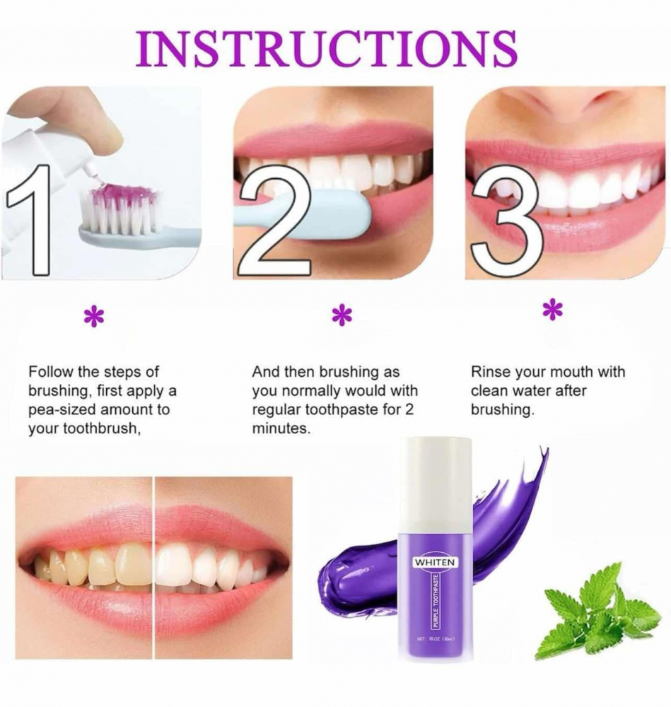 Pasta de dinți iBeaLee Purple, 35ml - Albire a dinților fără fluor, îndepărtarea petelor profunde, împrospătează respirația, delicată și non-iritantă, conține mentă, sorbat de potasiu și polisorbat 20, până la 6 nuanțe mai strălucitoare în 1 săptămână [3]
